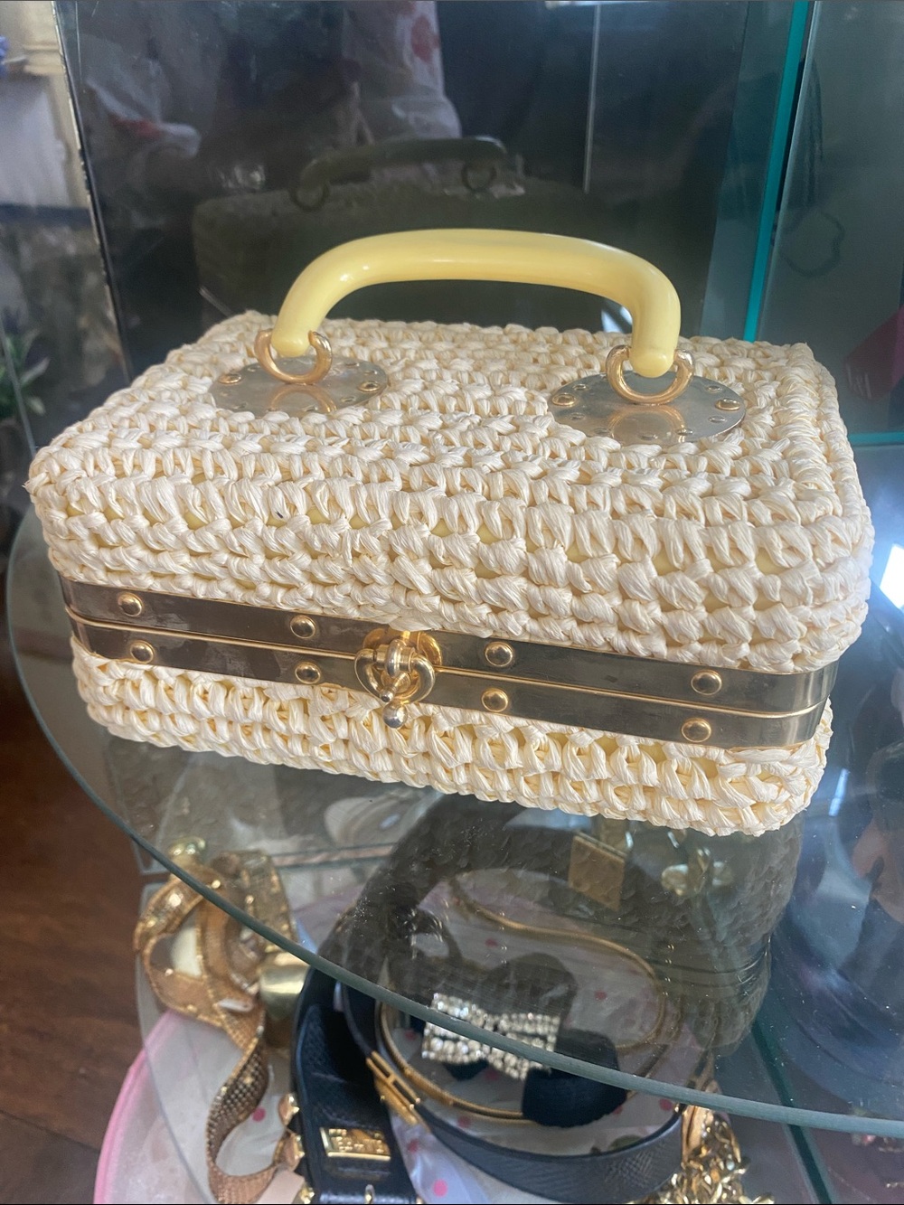 Vintage Italian box purse Cream Woven Mini Top-Handle Bag with Yellow Accent